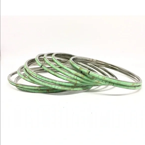 Stack Of 10 Bangles Bracelets Inlaid She’ll Handmade Turquoise - Picture 9 of 14